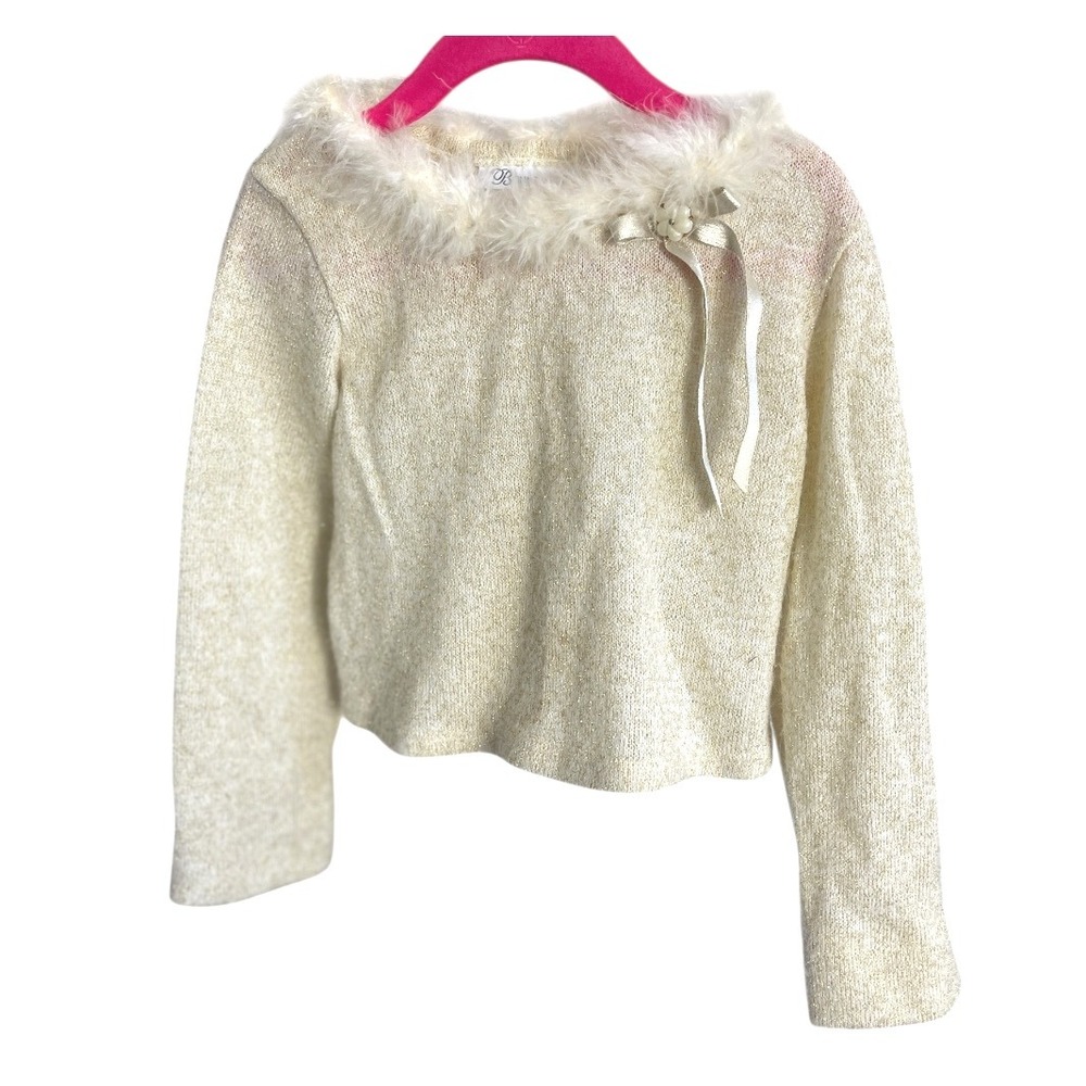 Bonnie Jean Girls Cream Gold Glitter Fur Trimmed Sweater Size 6